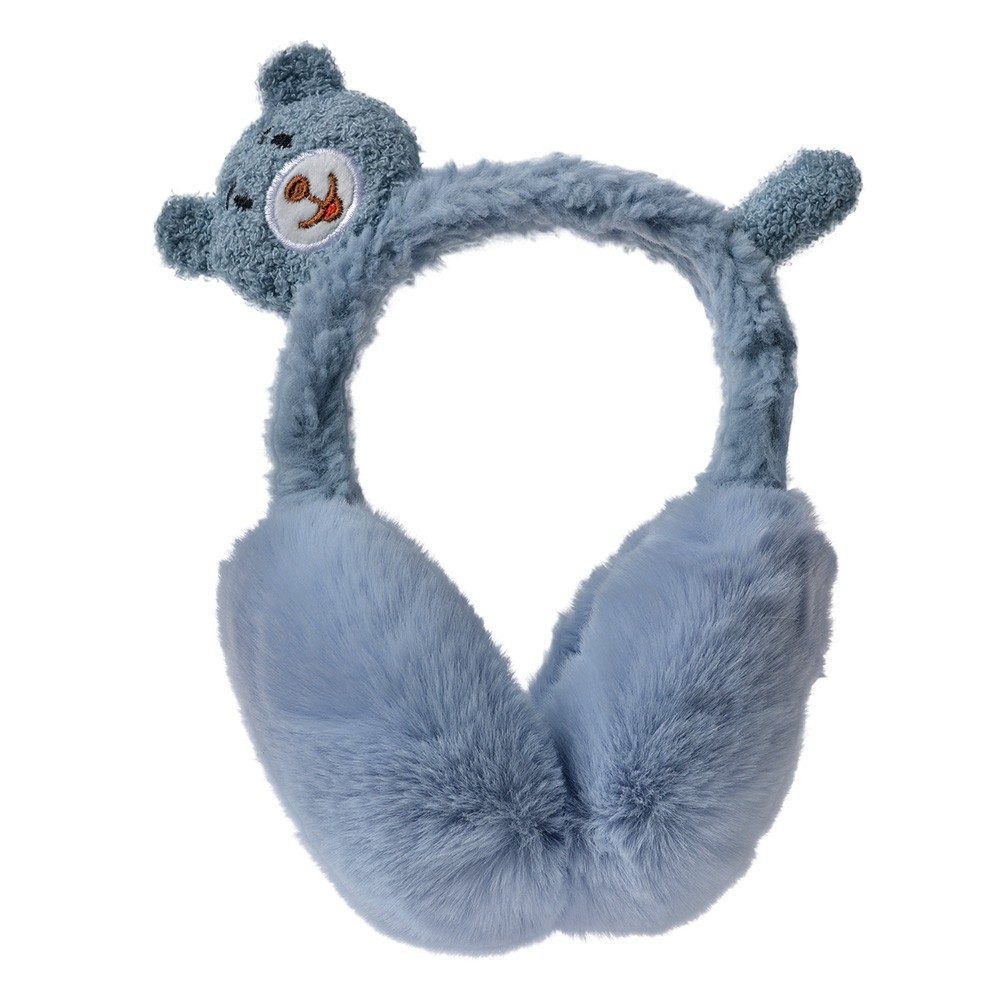 Modré dětské chlupaté klapky na uši s medvídkem JZCEW0008BL