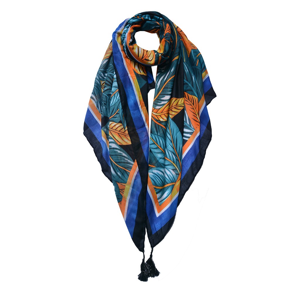Barevný dámský šátek s listy a střapci- 90*180 cm Clayre & Eef