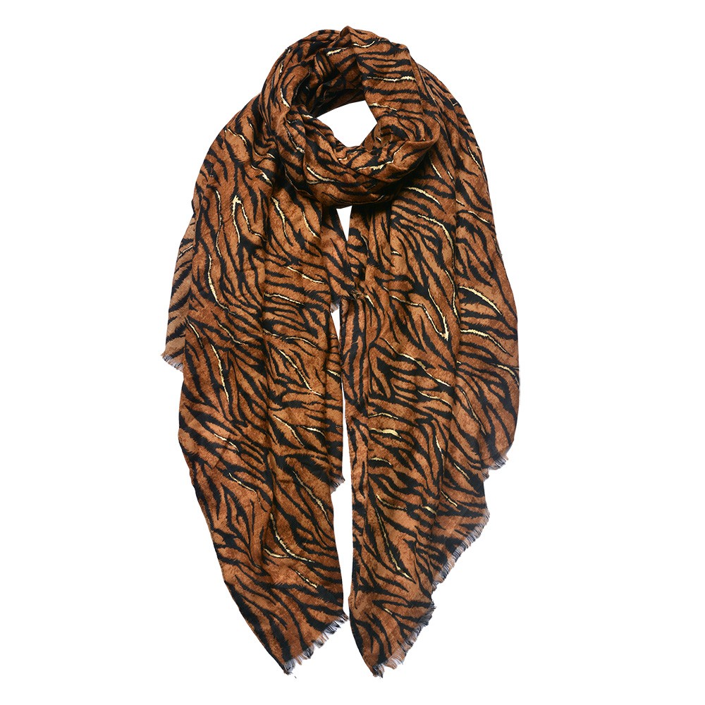 Hnědý dámský šátek s tygřím dekorem - 90*180 cm Clayre & Eef