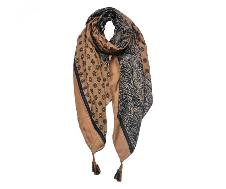 Hnědo-černý dámský šátek se vzorem a střapci- 90*180 cm