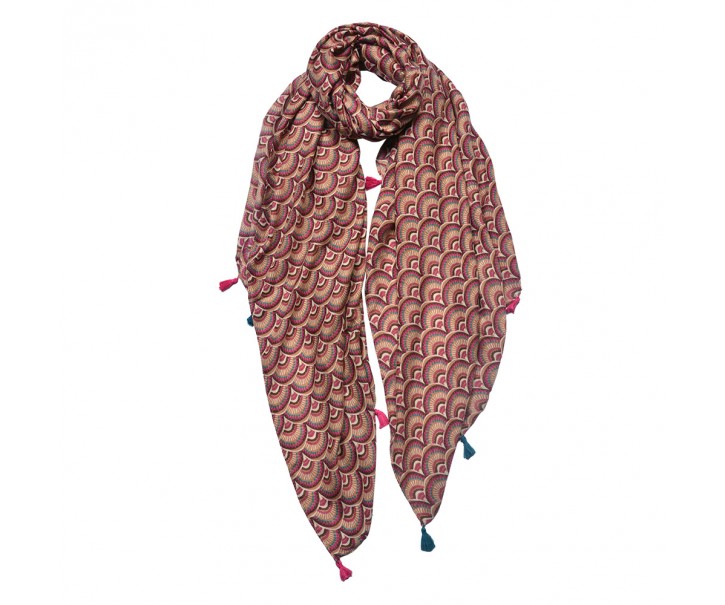 Hnědý dámský šátek s ornamenty a střapci- 90*180 cm