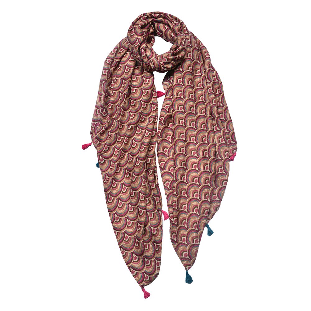 Hnědý dámský šátek s ornamenty a střapci- 90*180 cm Clayre & Eef