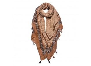 Hnědý dámský šátek s ornamenty a střapci - 90*180 cm