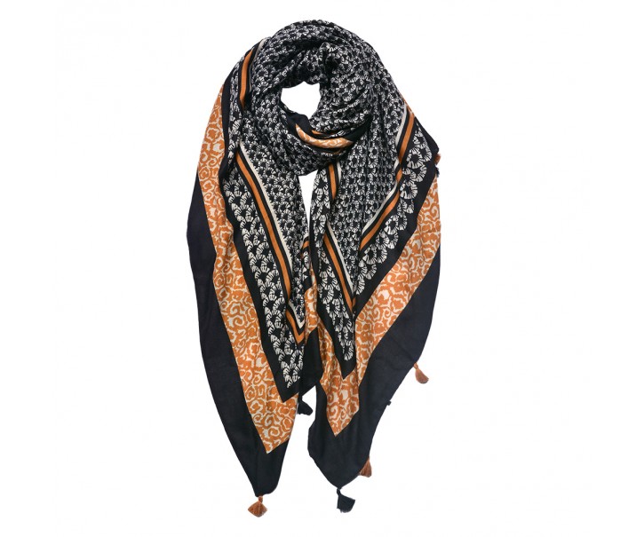 Černo-oranžový dámský šátek s ornamenty a střapci - 90*180 cm