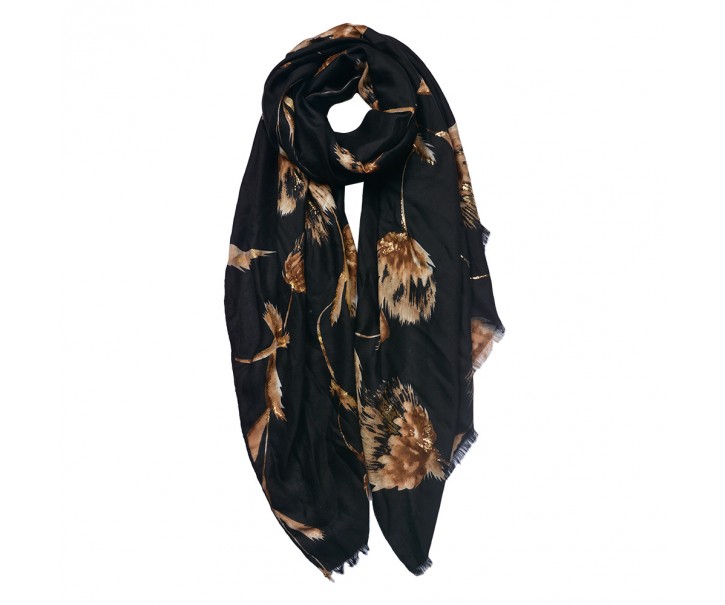 Černý dámský šátek s potiskem květů - 90*180 cm