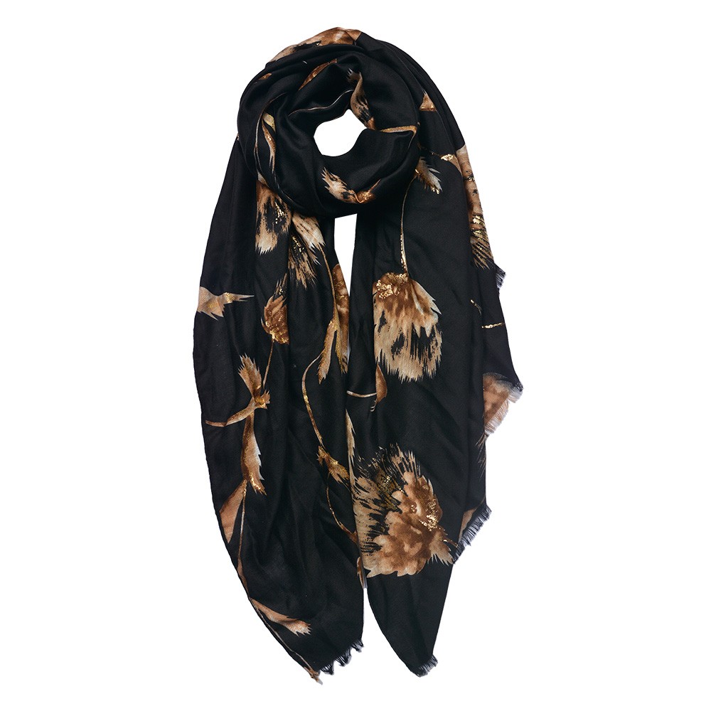 Levně Černý dámský šátek s potiskem květů - 90*180 cm JZSC0750Z