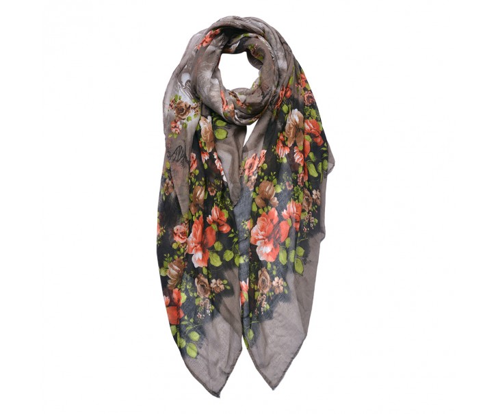 Šedo-černý dámský šátek s květy - 90x180 cm