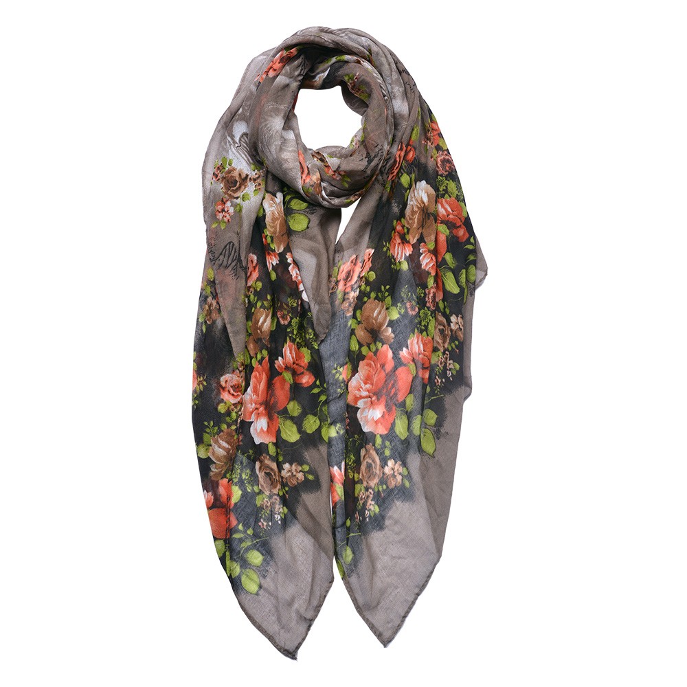 Šedo-černý dámský šátek s květy - 90*180 cm JZSC0752G