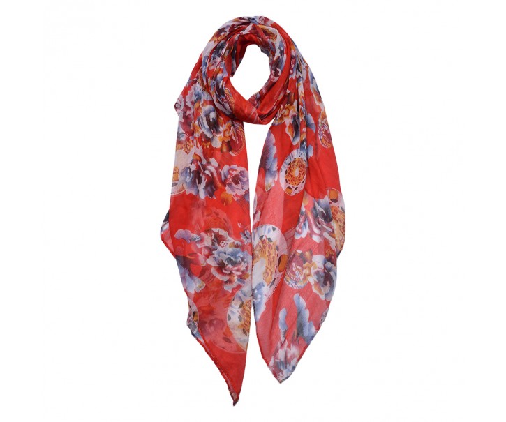 Červený dámský šátek s květy - 90*180 cm