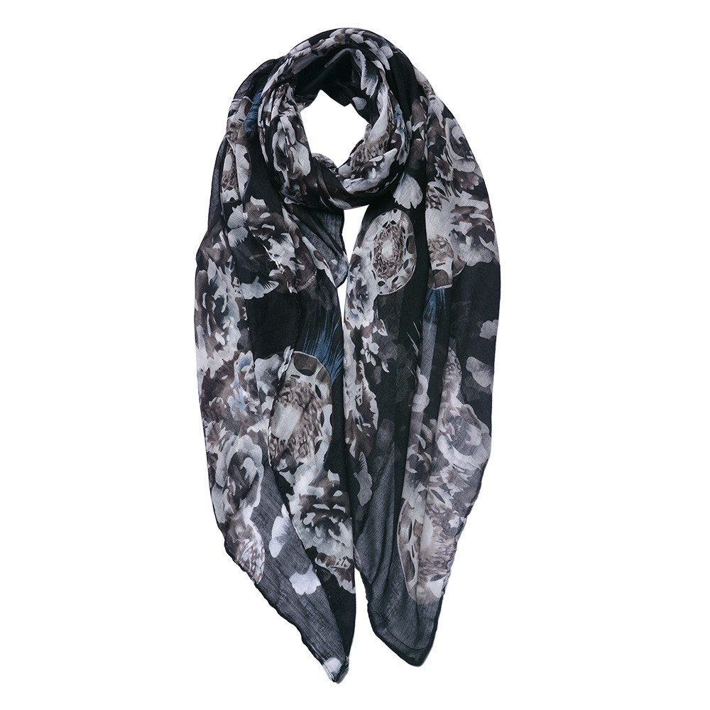 Levně Černý dámský šátek s květy - 90*180 cm JZSC0753Z