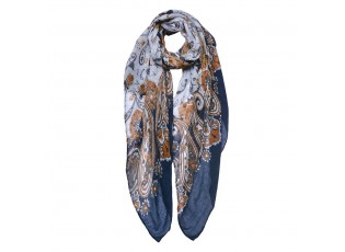 Modro-bílý dámský šátek s květy a ornamenty - 90x180 cm