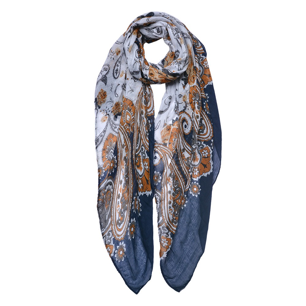 Modro-bílý dámský šátek s květy a ornamenty - 90*180 cm Clayre & Eef