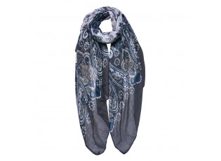 Šedo-bílý dámský šátek s květy a ornamenty - 90x180 cm