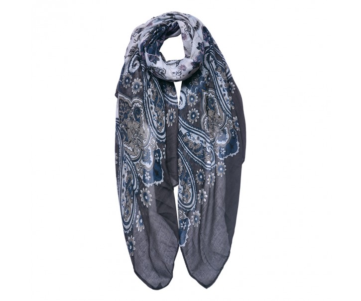 Šedo-bílý dámský šátek s květy a ornamenty - 90x180 cm