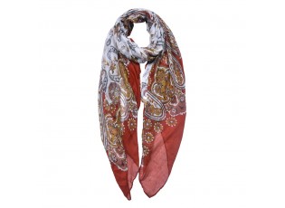 Červeno-bílý dámský šátek s květy a ornamenty - 90x180 cm