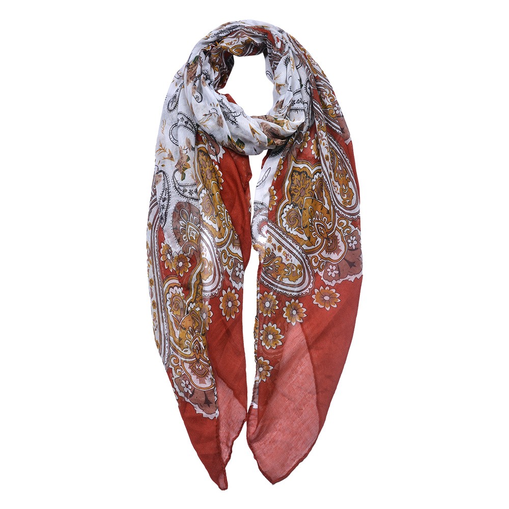 Červeno-bílý dámský šátek s květy a ornamenty - 90*180 cm Clayre & Eef