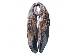 Černo-bílý dámský šátek s květy a ornamenty - 90x180 cm