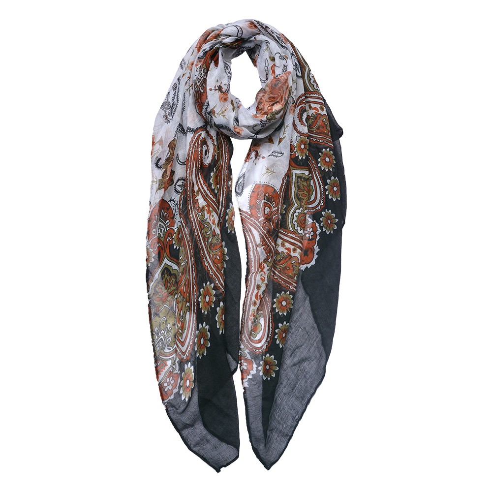 Černo-bílý dámský šátek s květy a ornamenty - 90*180 cm Clayre & Eef