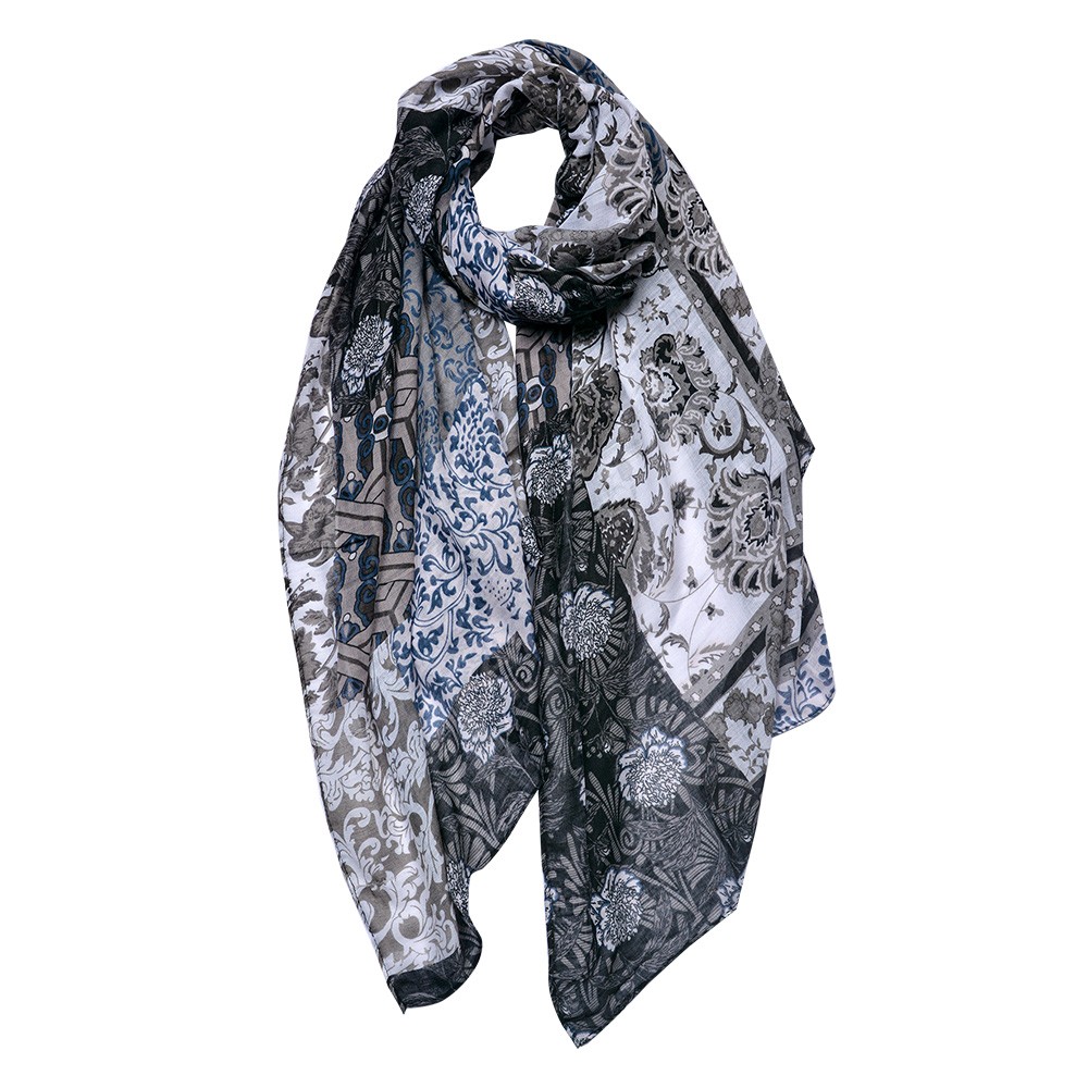 Černo-šedý dámský šátek s motivem - 90*180 cm Clayre & Eef