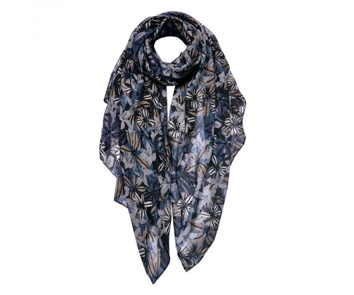 Černo-šedý dámský šátek s květy - 90*180 cm