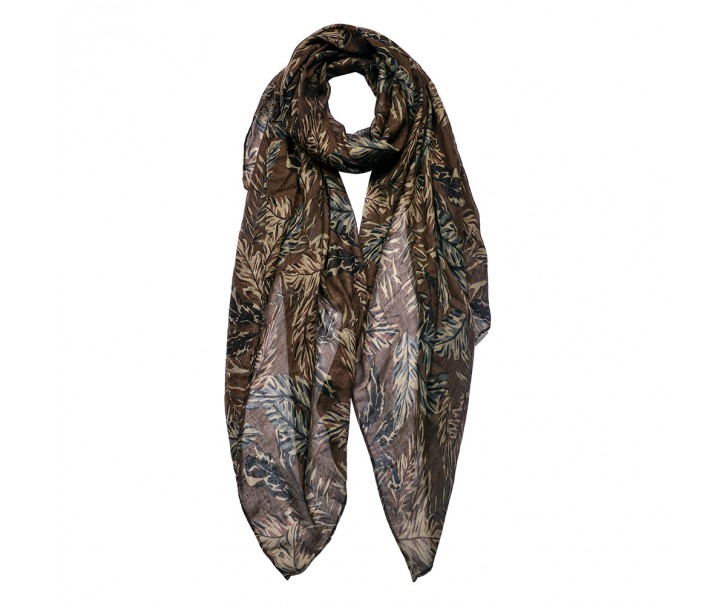 Hnědý dámský šátek s béžovými listy - 90*180 cm
