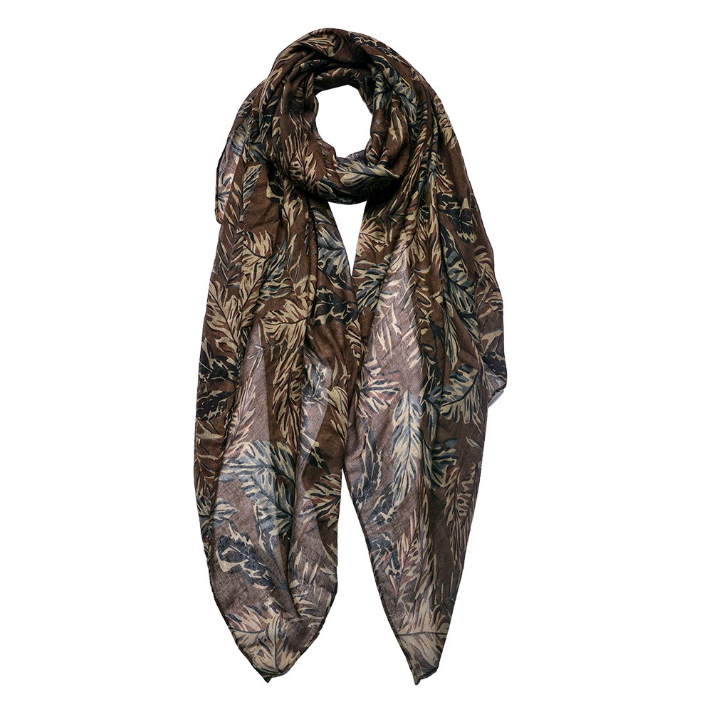 Hnědý dámský šátek s béžovými listy - 90*180 cm Clayre & Eef