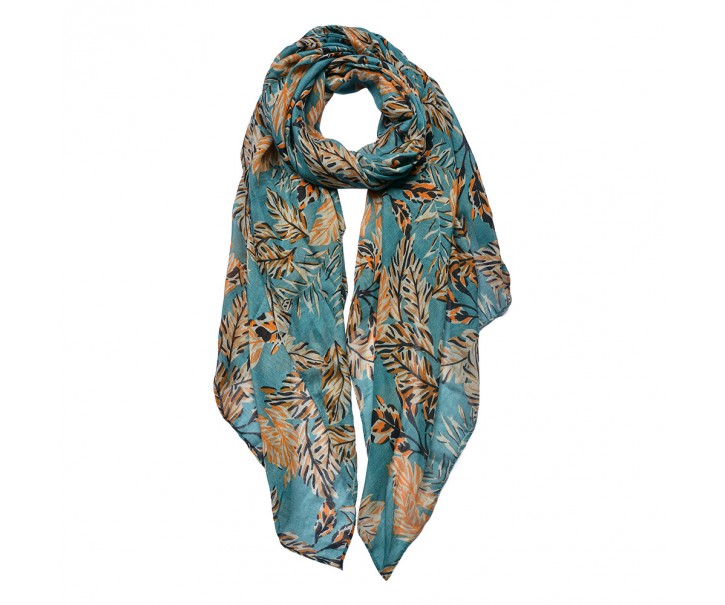 Modrý dámský šátek s barevnými listy - 90*180 cm