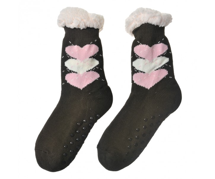 Hnědé teplé ponožky se srdíčky - one size