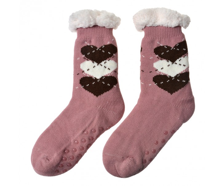 Tmavě růžové teplé ponožky se srdíčky - one size