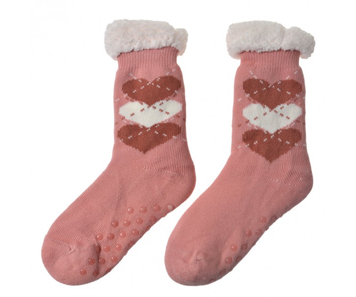 Růžové teplé ponožky se srdíčky - one size