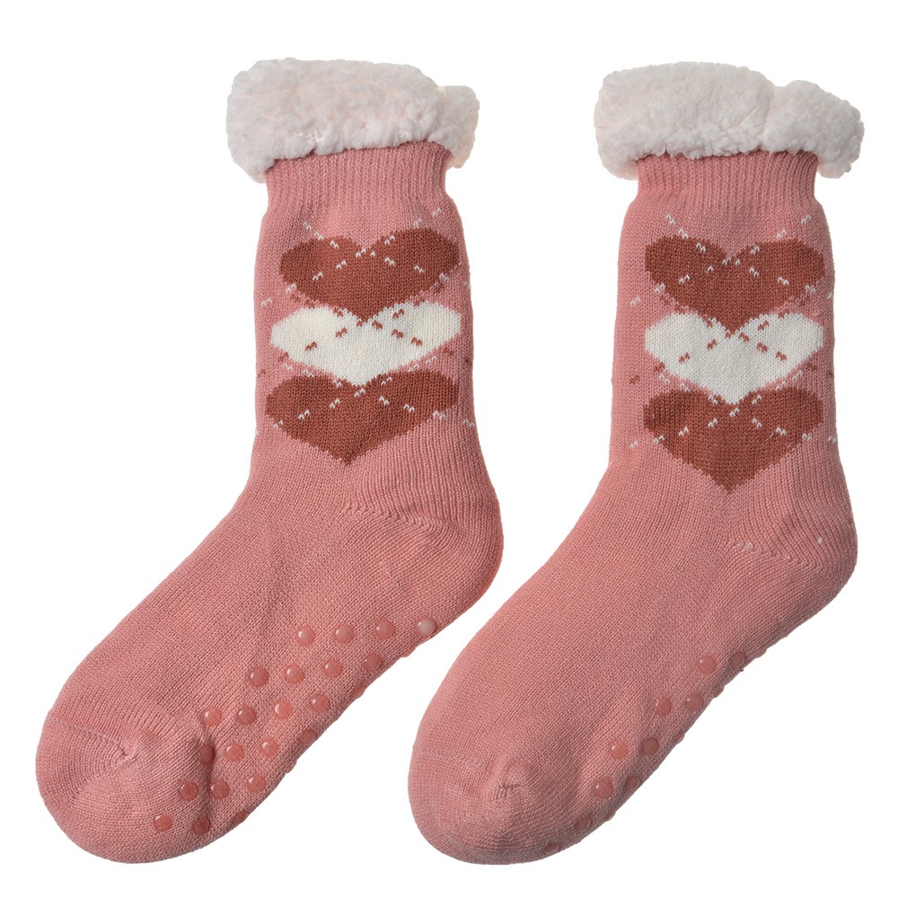 Růžové teplé ponožky se srdíčky - one size JZSK0019P