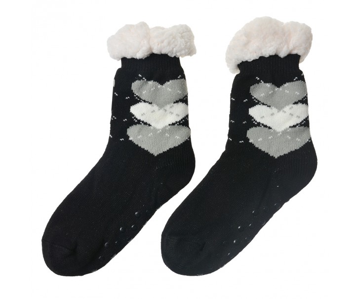 Černé teplé ponožky se srdíčky - one size