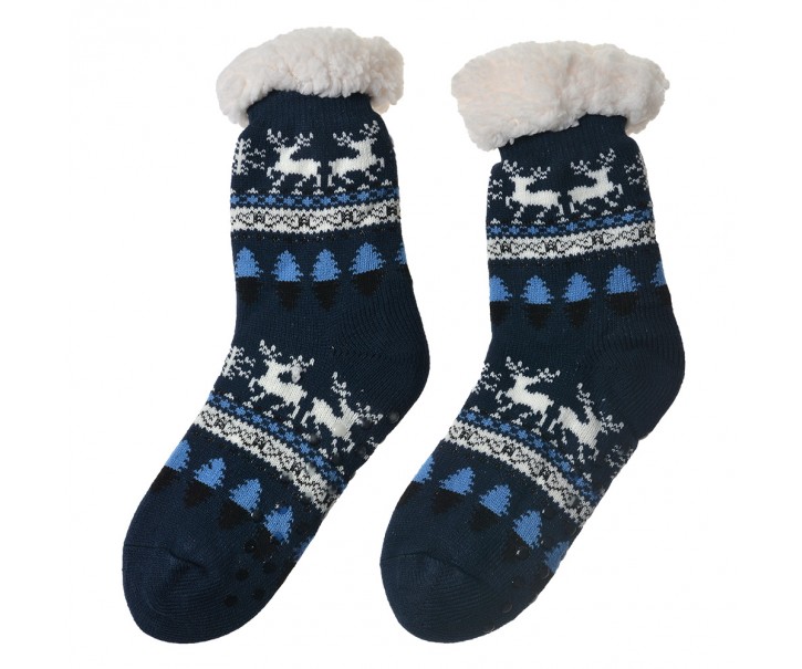 Tmavě modré teplé pletené ponožky s jeleny - one size