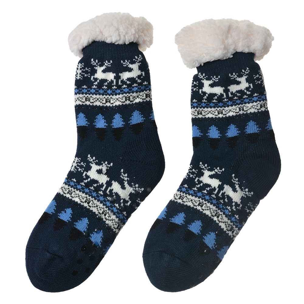 Levně Tmavě modré teplé pletené ponožky s jeleny - one size JZSK0021BL