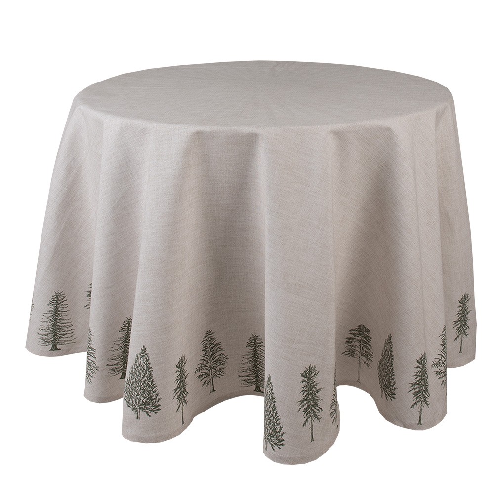 Béžový bavlněný kulatý ubrus se stromky Natural Pine Trees - Ø 170 cm
