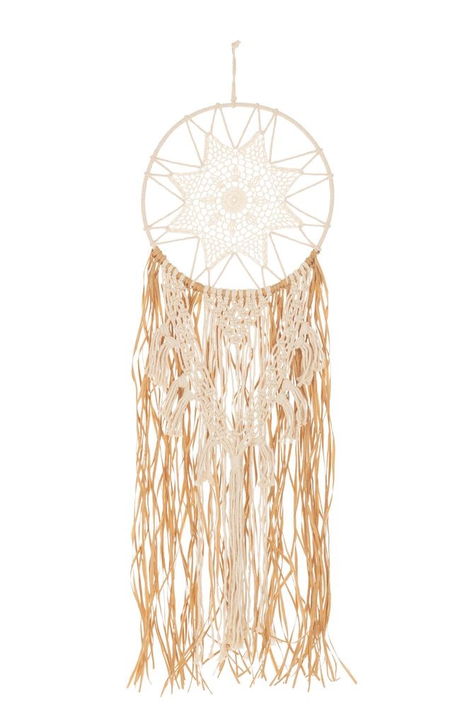 Béžovo-hnědý lapač snů s lýkovými proužky a Macramé - Ø 32*95 cm