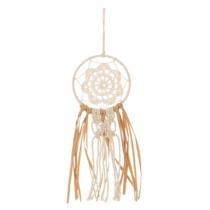 Béžovo-hnědý lapač snů s lýkovými proužky a Macramé - Ø 9*30 cm