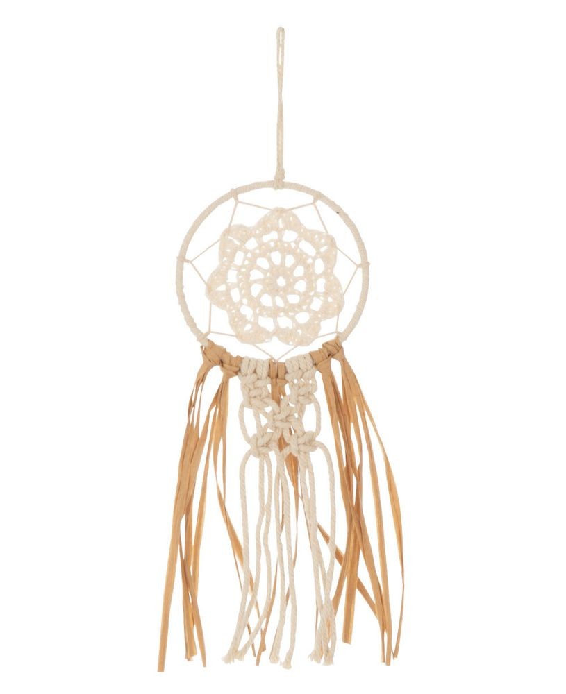 Béžovo-hnědý lapač snů s lýkovými proužky a Macramé - Ø 9*30 cm