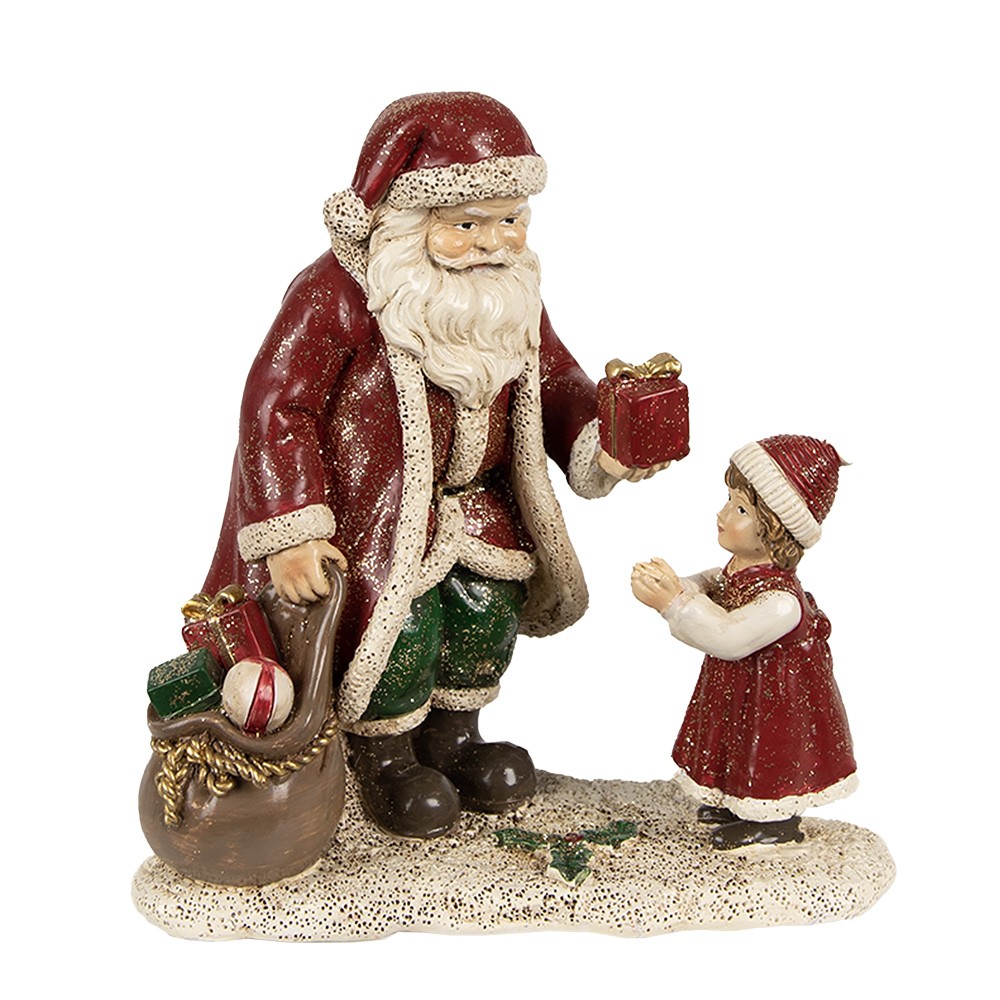 Červená vánoční dekorace socha Santa s děvčátkem - 14*9*14 cm 6PR3927