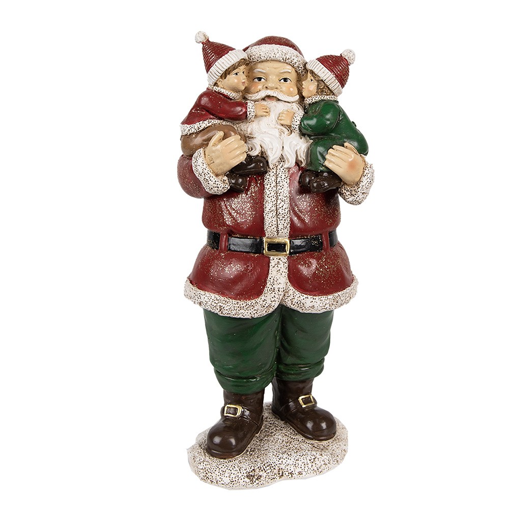 Červená vánoční dekorace socha Santa s dětmi - 10*8*21 cm Clayre & Eef