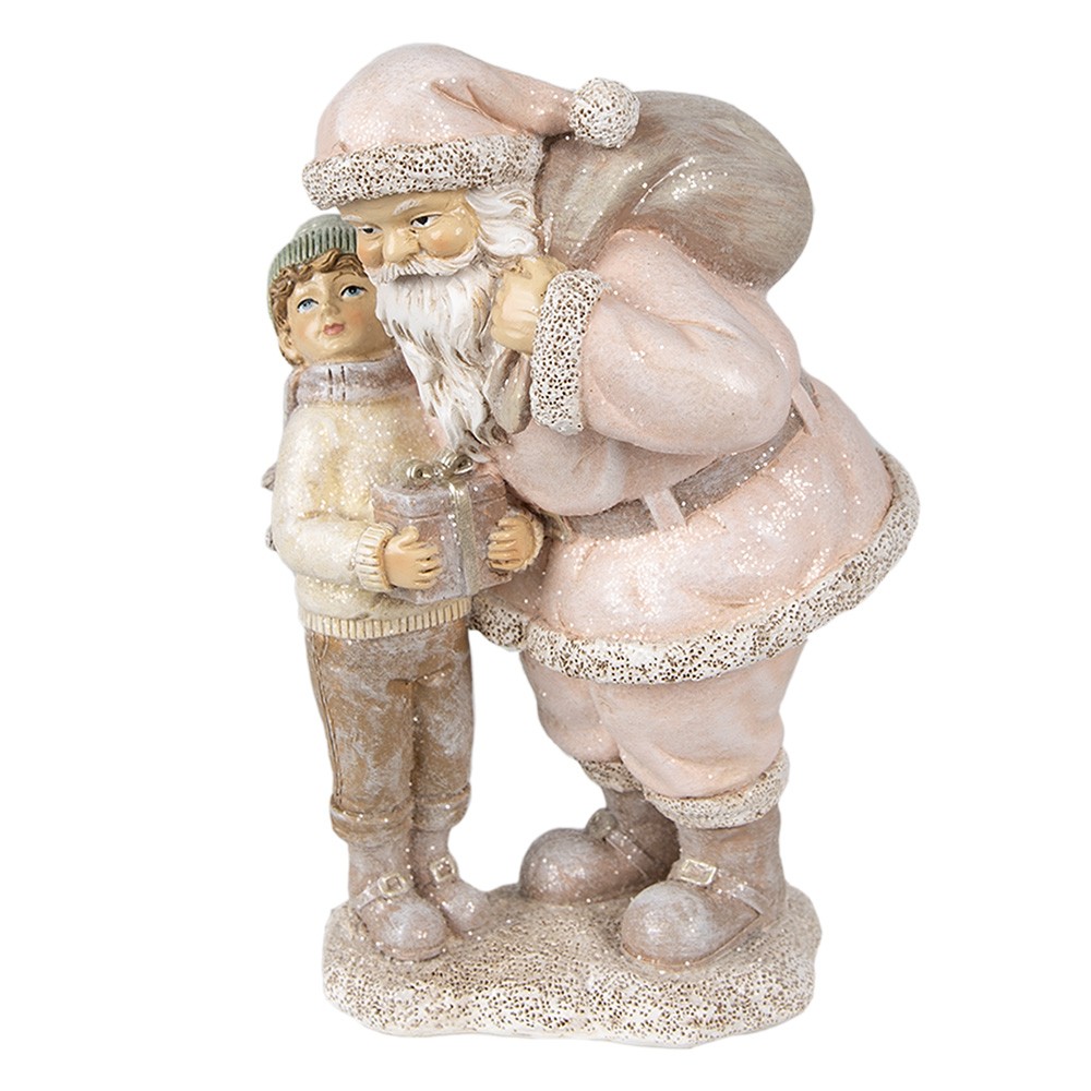 Růžová vánoční dekorace socha Santa s chlapcem - 13*11*18 cm Clayre & Eef