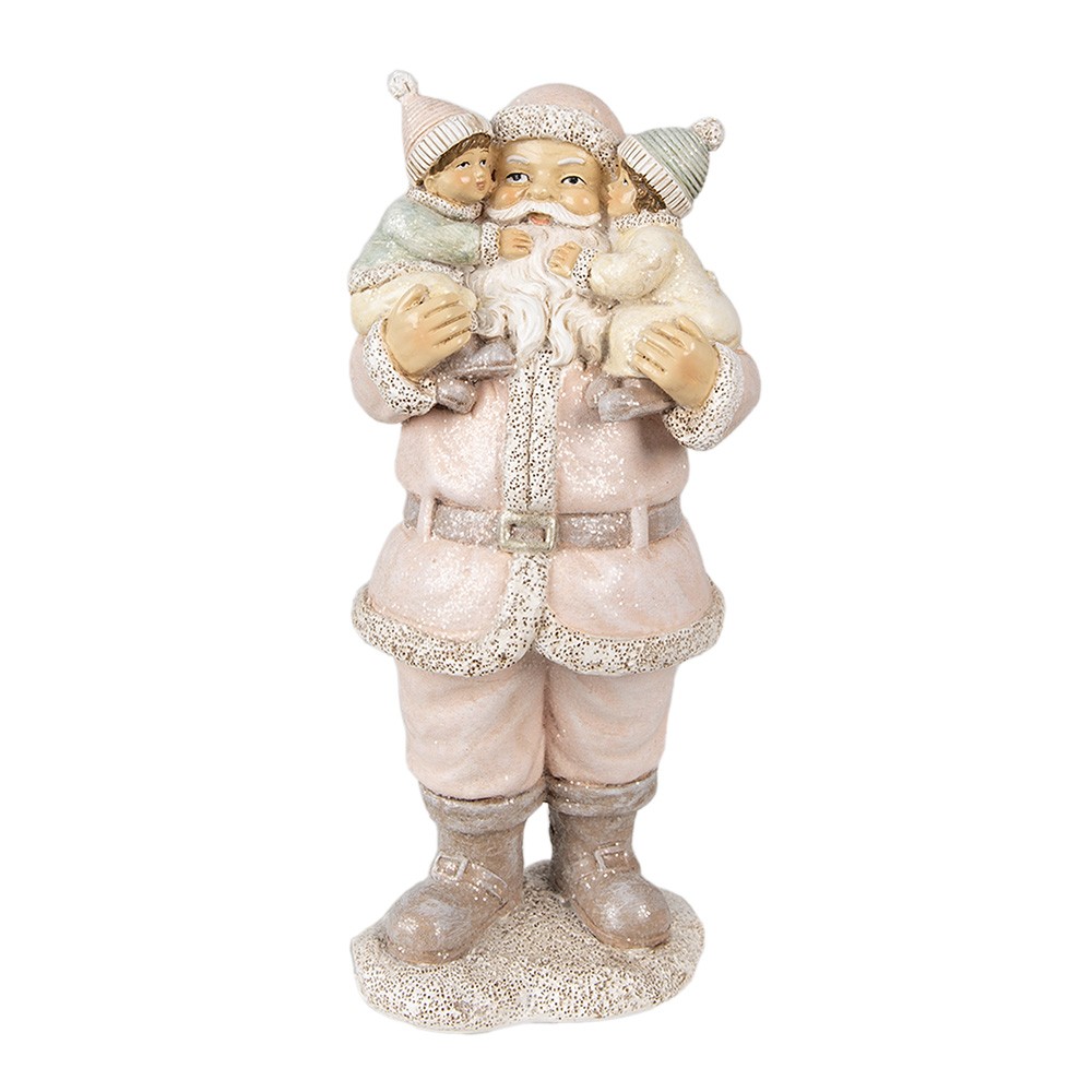 Růžová vánoční dekorace Socha Santa s dětmi - 10*8*21 cm