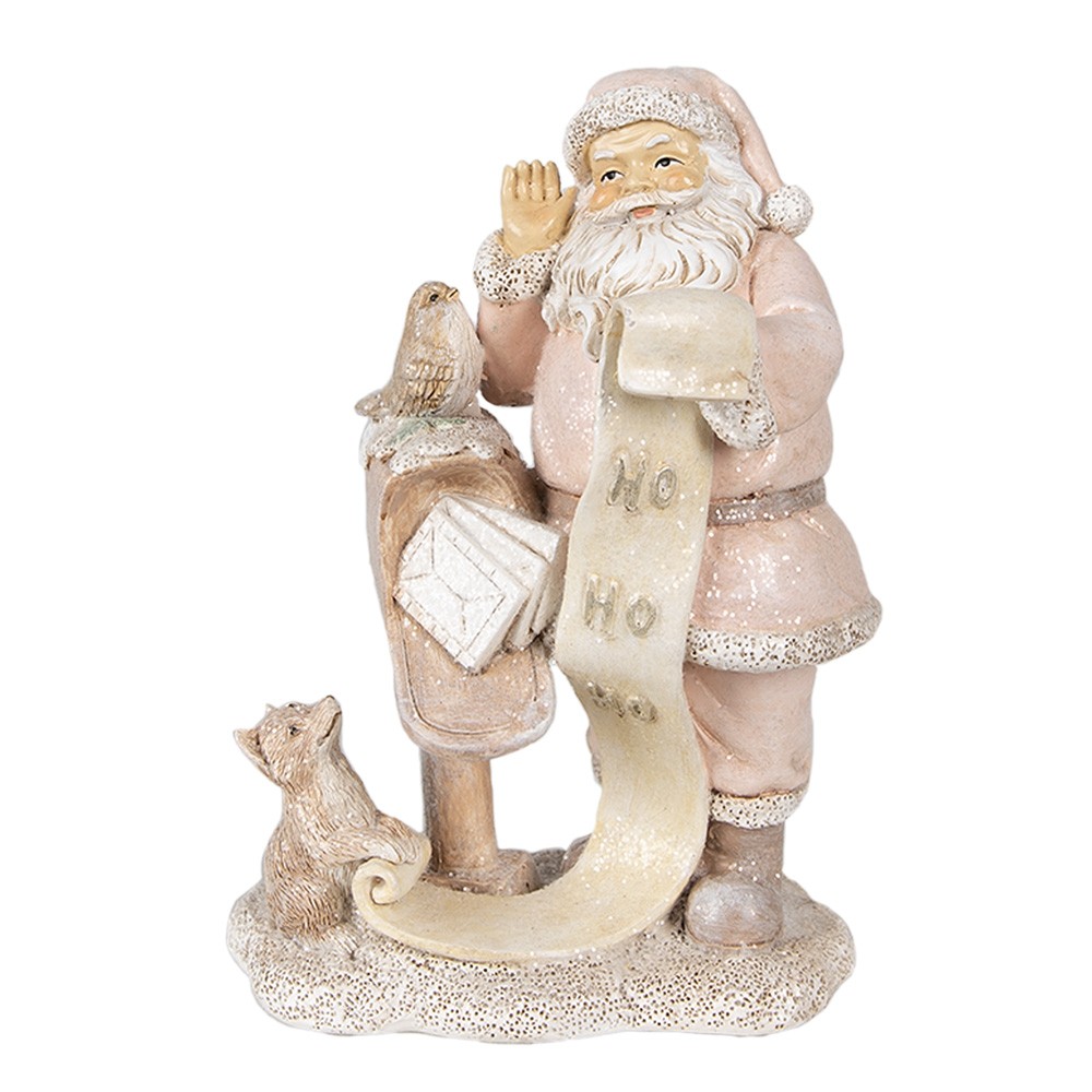 Růžová vánoční dekorace socha Santa se zvířátky - 11*8*15 cm Clayre & Eef