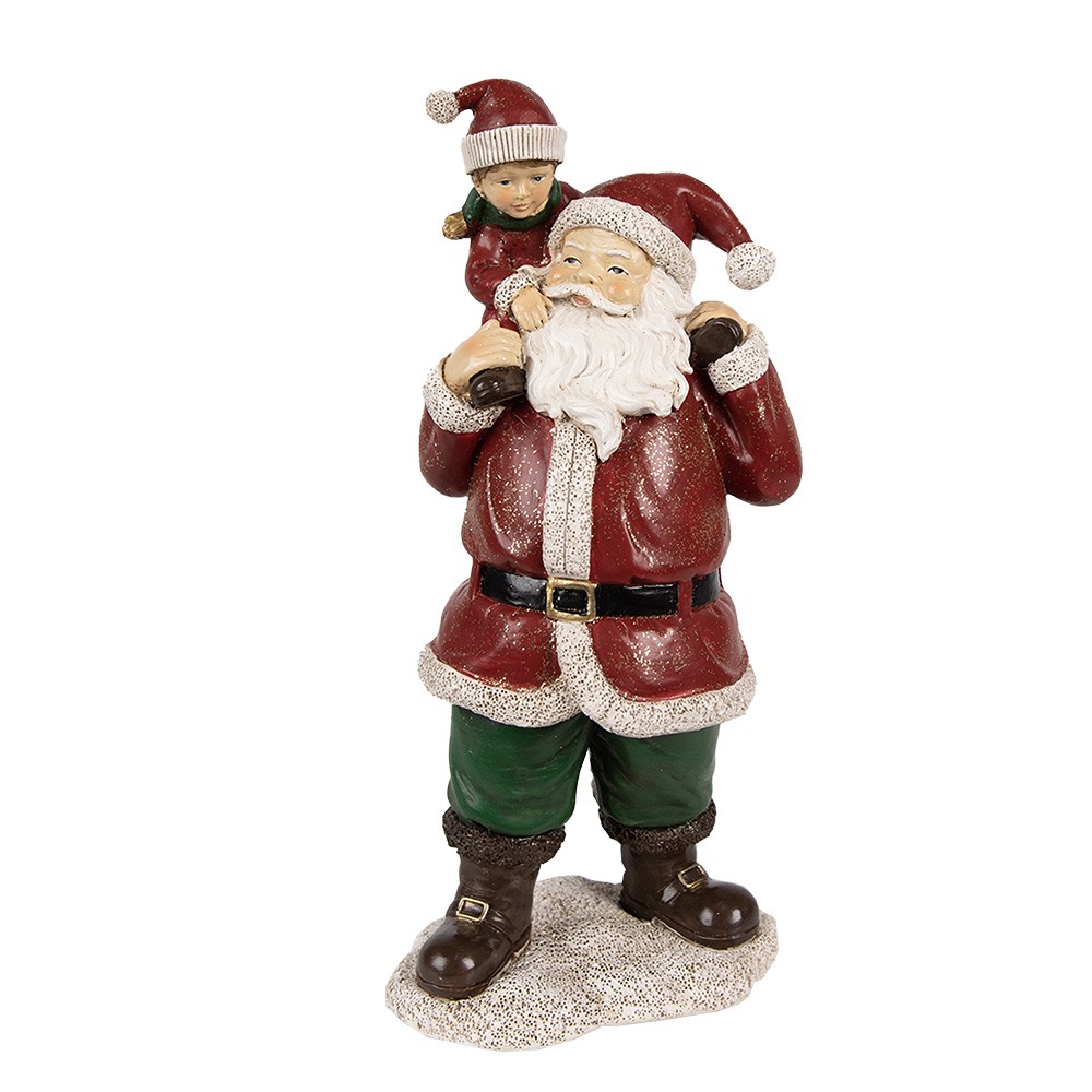 Červená vánoční dekorace socha Santa s chlapcem - 11*8*23 cm Clayre & Eef