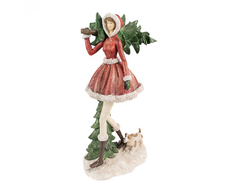 Červená dekorace socha dívka nesoucí stromek s pejskem - 25*17*43 cm