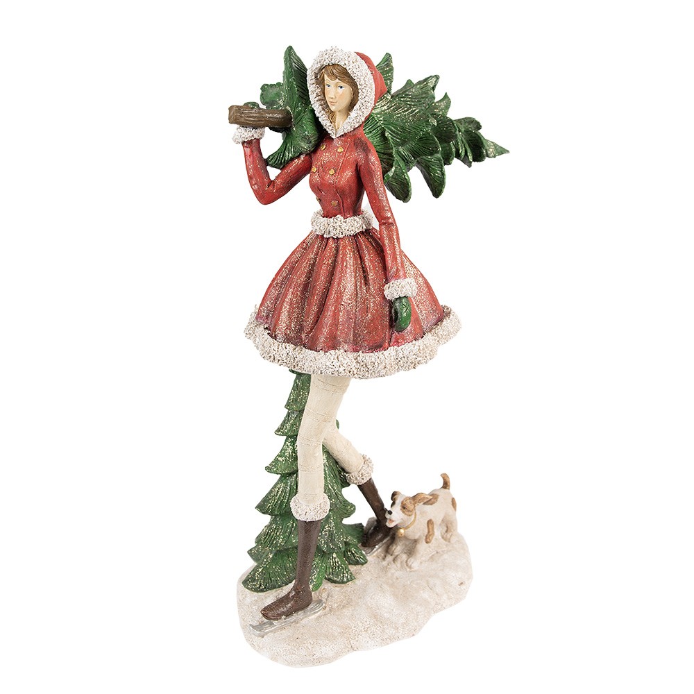 Červená dekorace socha dívka nesoucí stromek s pejskem - 25*17*43 cm 6PR3942