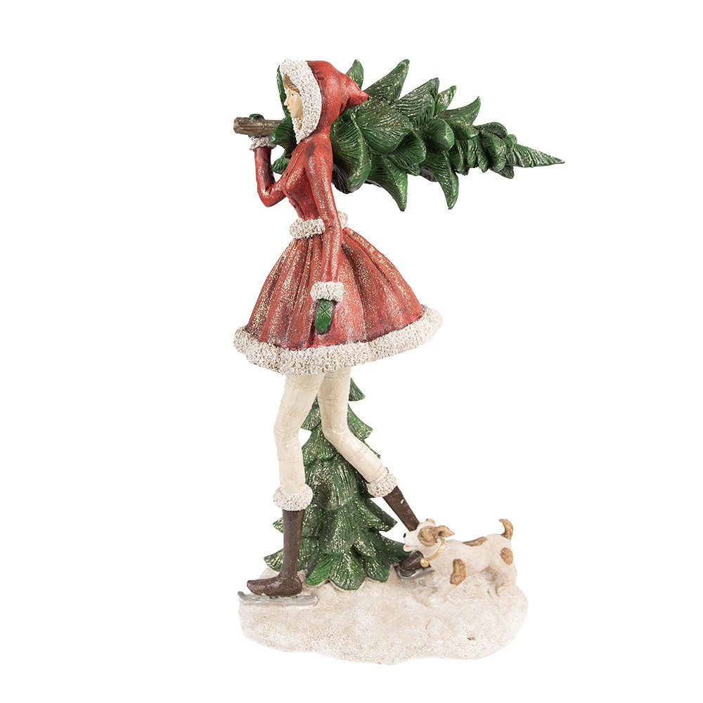 Červená dekorace socha dívka nesoucí stromek s pejskem - 25*17*43 cm