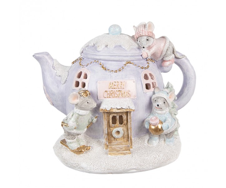 Fialová dekorace konvička s myškami a Led světýlky - 15*11*12 cm Clayre & Eef