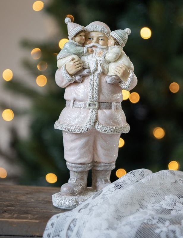 Růžová vánoční dekorace Socha Santa s dětmi - 10*8*21 cm