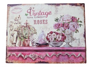Růžová nástěnná kovová cedule s růžemi Vintage Roses - 33*25 cm